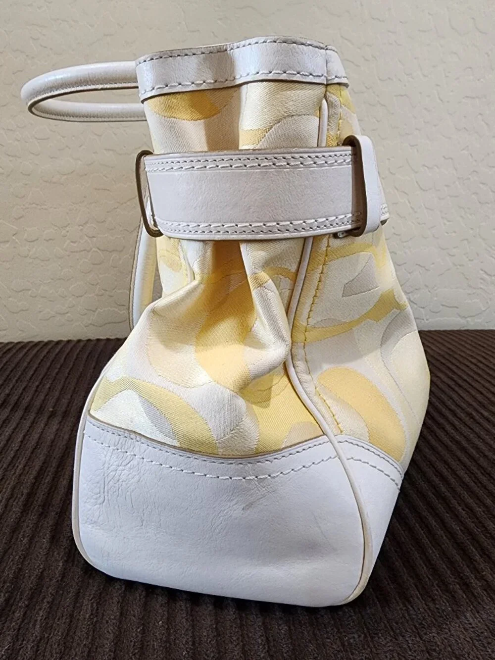 Coach Hampton Optic Signature Stripe Yellow White Double Handle Shoulder Bag